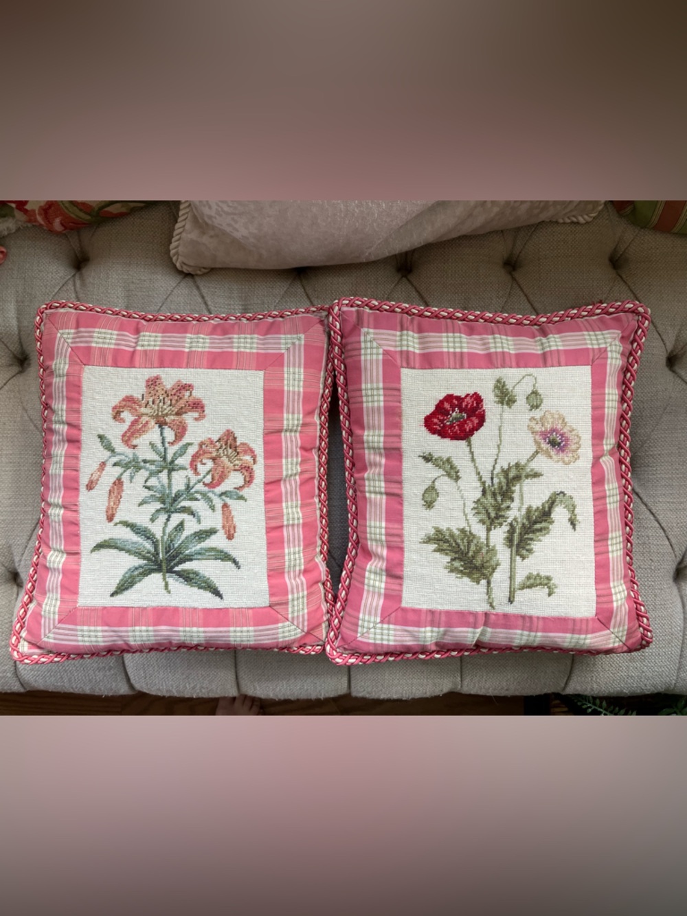 Pair of Pink Floral Needlepoint Throw Pillows
